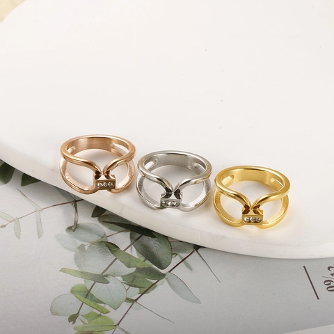 Geometric Stainless Steel Ring For Women Hollow Double Layer Ring With Zirconia Inlay Minimalist Fashion Commute Jewelry