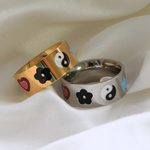 Vintage Stainless Steel Wide Ring And Bangle For Women Enamel Heart Star Flower Yin Yang Pattern Gold Silver Jewelry