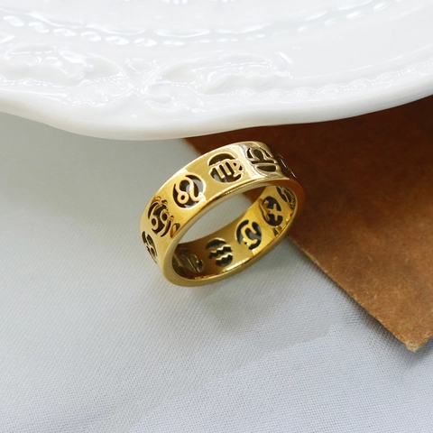Twelve Constellations Stainless Steel Ring For Women Gold Plated Punk Hollow Zodiac Symbol Band Ring Fashion Jewelry Gift