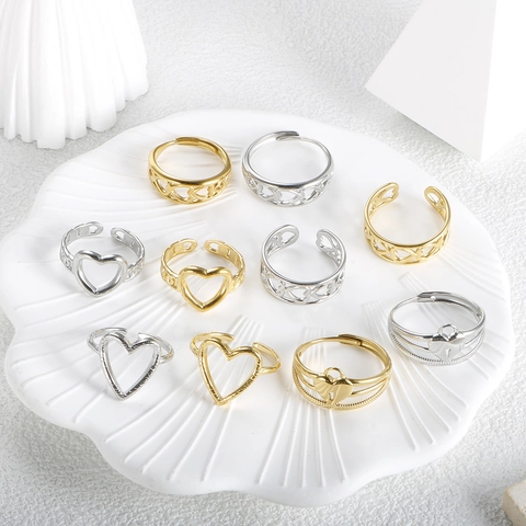 Minimalist Geometric Stainless Steel Open Rings For Women Adjustable Heart Shape Hollow Out Multi Layer Chic Accessories