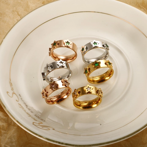 Fashion Stainless Steel Star Rhinestone Band Ring For Women Gold Rose Gold Silver Geometric Green White Stone Jewelry