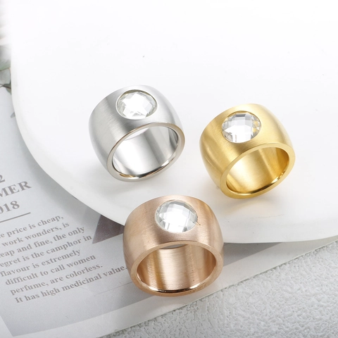 Western Style Stainless Steel Wide Band Ring For Women Brushed Gold Silver Rose Gold Plated Rhinestone Statement Finger Ring