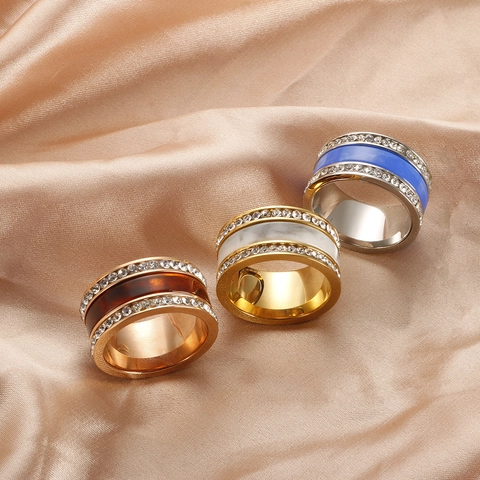 European Fashion 304 Stainless Steel Triple Color Resin Inlaid Rhinestone Rotatable Ring For Women High End Detachable Finger Jewelry