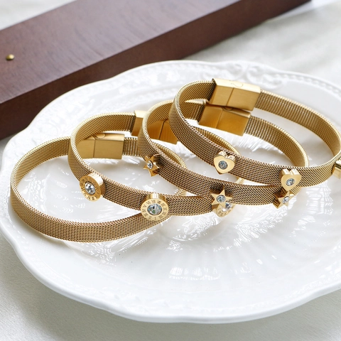 Damen Edelstahl Netzarmband Zirkonia Herz Stern Römische Zahlen Anhänger Gold Silber Mesh Strap Armreif Schmuck
