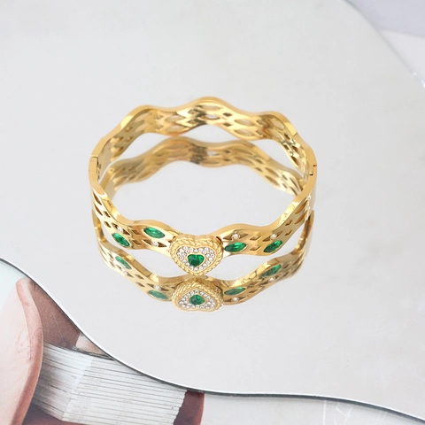 Titanium Steel Gold Plated Bangle For Women Rhinestone Heart Evil Eye Green Stone Fashion Hand Jewelry Bangle Bracelet