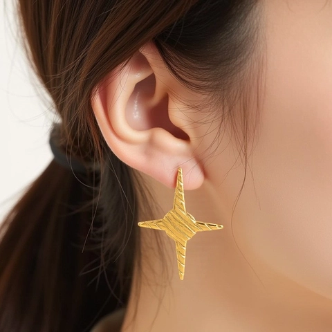 Stainless Steel Star Jewelry Set For Women Punk Industrial Textured Four Pointed Star Necklace Bracelet Stud Earrings