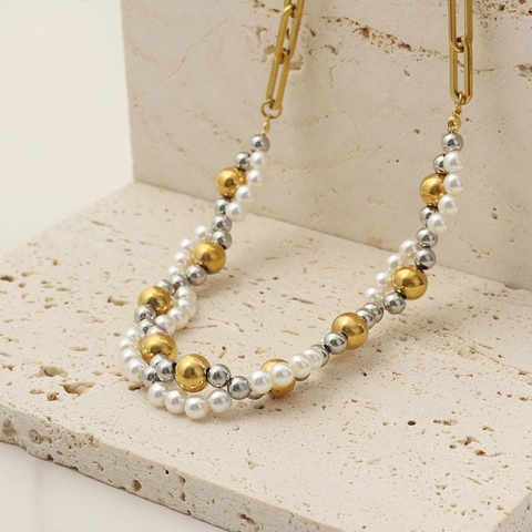 Set di Gioielli in Acciaio Inossidabile a Doppio Strato con Perle Artificiali per Donna Collana e Bracciale con Perline Color Oro e Acciaio