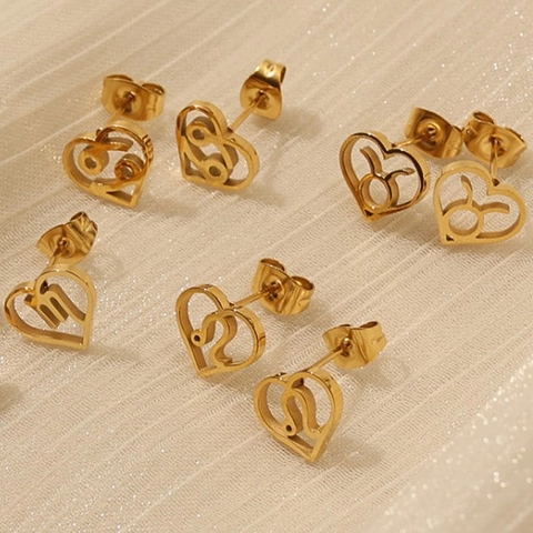 Minimalist Stainless Steel Heart Zodiac Earrings For Women Gold Silver Plated Twelve Constellations Hollow Stud Earrings