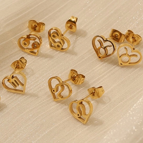 Minimalist Stainless Steel Heart Zodiac Earrings For Women Gold Silver Plated Twelve Constellations Hollow Stud Earrings
