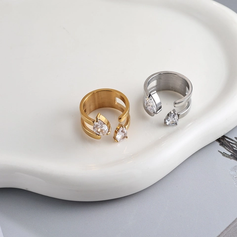Stainless Steel Rhinestone Open Ring For Women Pear Shaped Teardrop Adjustable Fashion Jewelry Finger Ring Anniversary Gift