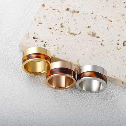 Vintage Titanium Steel Ring Tortoiseshell Resin Inlay Wide Band Finger Ring Gold Rose Gold Silver Geometric Jewelry For Women
