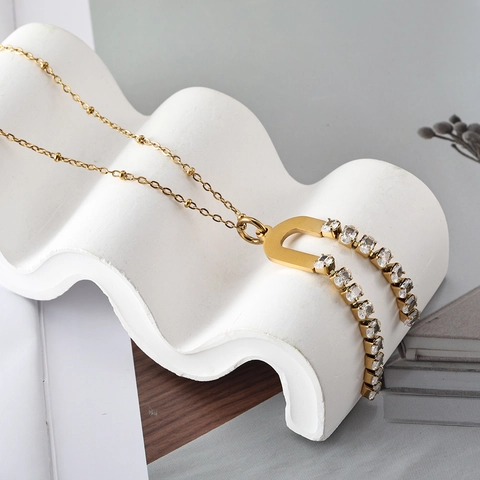 Minimalist Stainless Steel Zirconia Horseshoe Pendant Necklace And Earrings Set For Women Luxury Tassel Jewelry Set Gold Silver