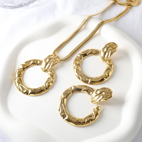 Stainless Steel Irregular Hammered Circle Necklace And Earrings For Women Minimalist Lava Texture Geometric Jewelry Gold Silver