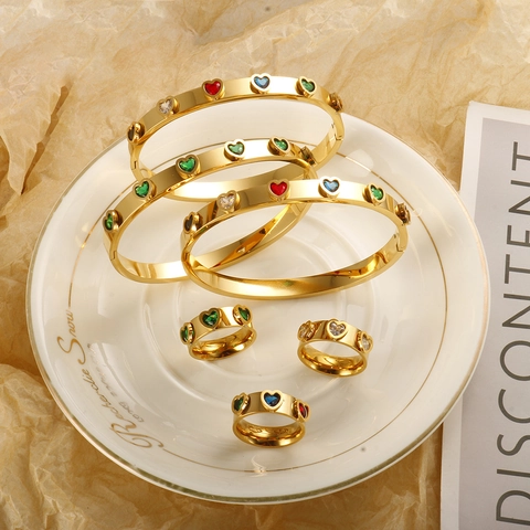 Luxury Stainless Steel Heart Zirconia Ring For Women Gold Rose Gold Silver Plated Colorful Stone Fashion Finger Jewelry