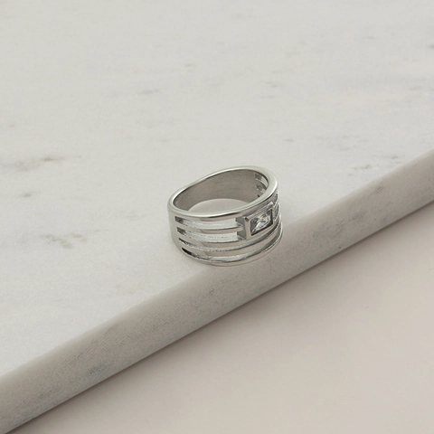 Moderne Roestvrij Staal Holle Brede Band Ring Voor Vrouwen Zilver Geometrisch Emerald Cut Zirkoon Ingelegde Vingerrng