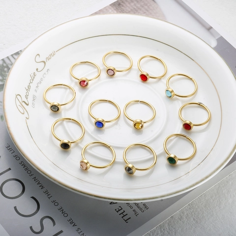 Stainless Steel Colorful Zirconia Open Ring For Women Gold Silver Plated Minimalist Adjustable Round Birthstone Finger Ring