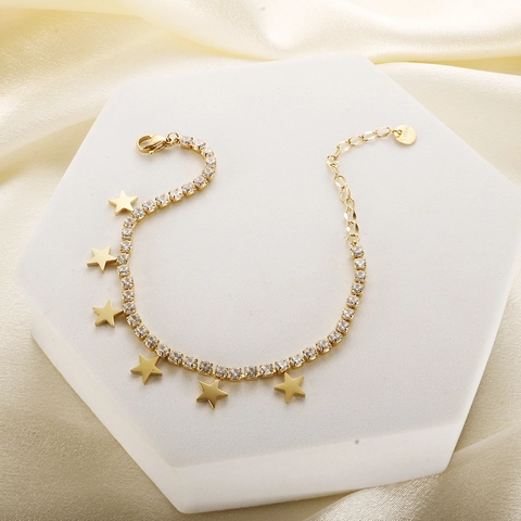 Stainless Steel Star Pendant Jewelry Set Rhinestone Tennis Chain Necklace Bracelet For Women PVD Gold Plated Starry Jewelry