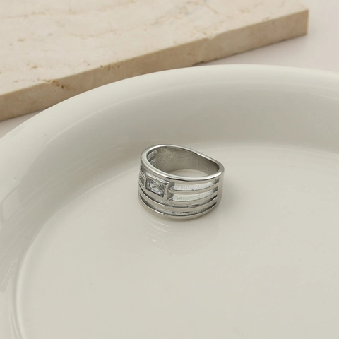 Moderne Roestvrij Staal Holle Brede Band Ring Voor Vrouwen Zilver Geometrisch Emerald Cut Zirkoon Ingelegde Vingerrng