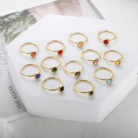 Stainless Steel Colorful Zirconia Open Ring For Women Gold Silver Plated Minimalist Adjustable Round Birthstone Finger Ring