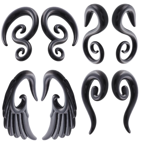 Black Acrylic Spiral Snail Ear Expanders Tapers Tunnels Piercing Jewelry Wing Horn Stretching Kit Unisex Punk Body Decor