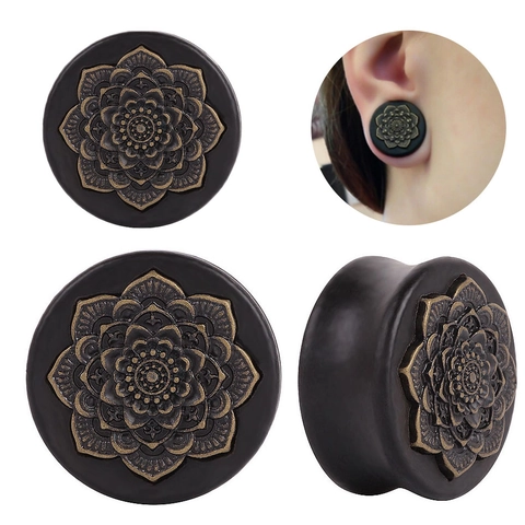 Mandala Pattern Wood Ear Plugs And Tunnels Vintage Ethnic Body Piercing Jewelry Double Flare Saddle Wood Flesh Tunnels For Men Women