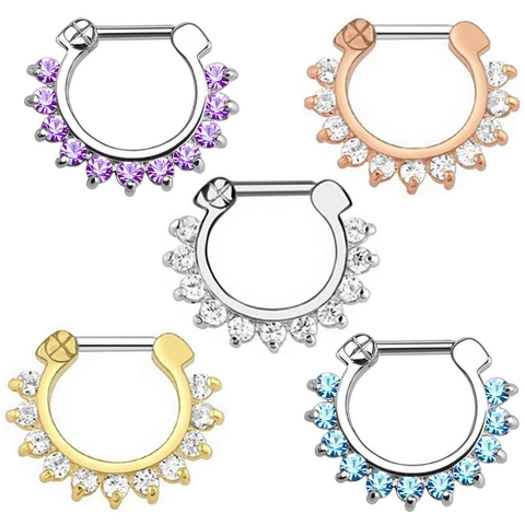 Stainless Steel Zirconia Septum Clicker Nose Ring Piercing Jewelry Hinged Segment Hoop For Women Men