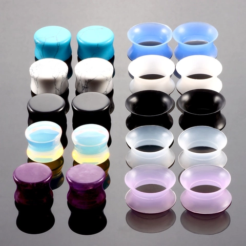 Natural Stone Silicone Ear Plugs Double Flare Body Piercing Jewelry Gauges Flesh Tunnels Stretching Expander For Men Women