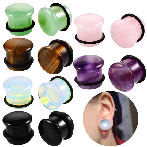 Natural Stone Mushroom Single Flare Ear Plug Gauge Expander With Rubber O-Ring Body Piercing Jewelry Amethyst Rose Quartz