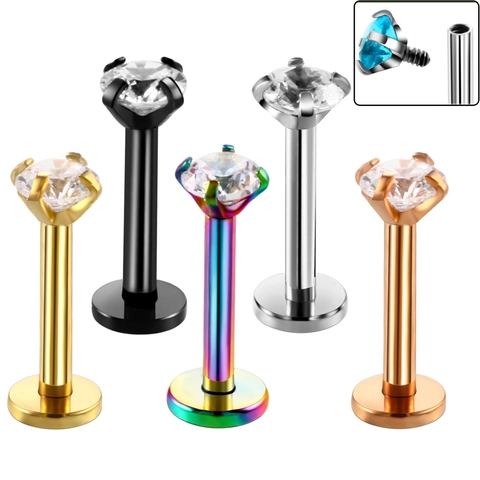 Stainless Steel Internally Threaded Labret Lip Ring Round Zirconia Inlaid Four Prong Piercing Jewelry For Women Men