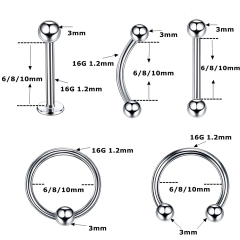 Stainless Steel Piercing Jewelry Set Mixed Labret Studs Nose Rings Horseshoe Circular Barbells Septum Body Jewelry For Women