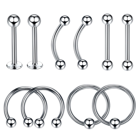 Stainless Steel Piercing Jewelry Set Mixed Labret Studs Nose Rings Horseshoe Circular Barbells Septum Body Jewelry For Women