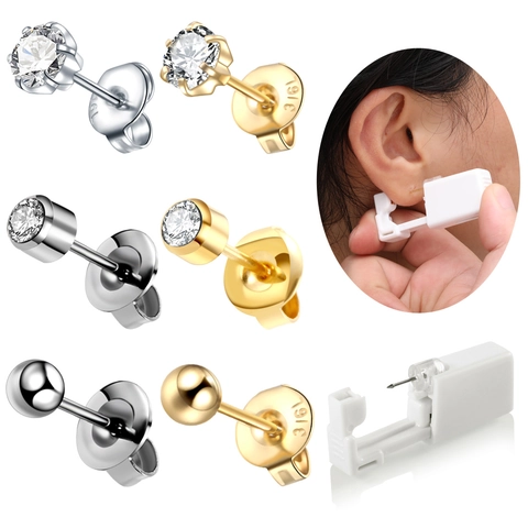 Wegwerp Piercing Kit Met 316L Roestvrij Stalen Zirkonia Oorknopjes Steriel Pijnloos Piercing Gereedschap Vrouwen Mannen Sieraden