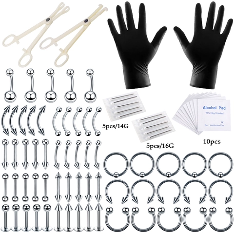 Professional Body Piercing Tool Kit Stainless Steel Jewelry Lip Studs Horseshoe Rings Clamps Needles Alcohol Pads Gloves