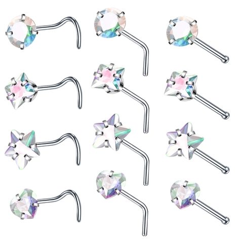 Nasenstecker Aus Edelstahl Mit Zirkonia Herz Rund Stern Quadrat Form L-Bend Schraube Knochen Piercing Schmuck Damen Herren