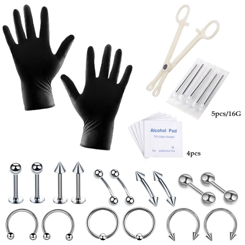 Professionele Bodypiercingset Roestvrij Staal Gereedschap Naalden Handschoenen Alcoholdoekjes Lippen Neus Oor Sieraden Kit