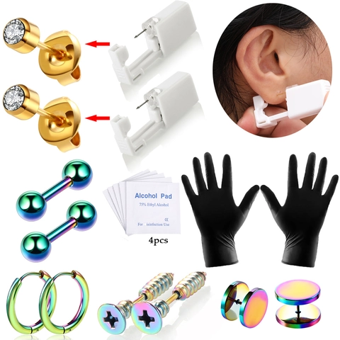 Professional Disposable Ear Piercing Tool Kit With Zirconia Stainless Steel Stud Earrings Painless Piercer Set With Alcohol Pads