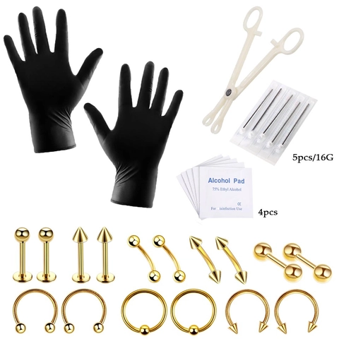 Professionele Bodypiercingset Roestvrij Staal Gereedschap Naalden Handschoenen Alcoholdoekjes Lippen Neus Oor Sieraden Kit