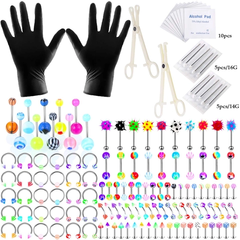 Professionele Body Piercing Tool Kit Met Roestvrij Staal Acryl Lip Neus Buik Ring Studs Snoepkleur Piercing Sieraden Meerdelige Set