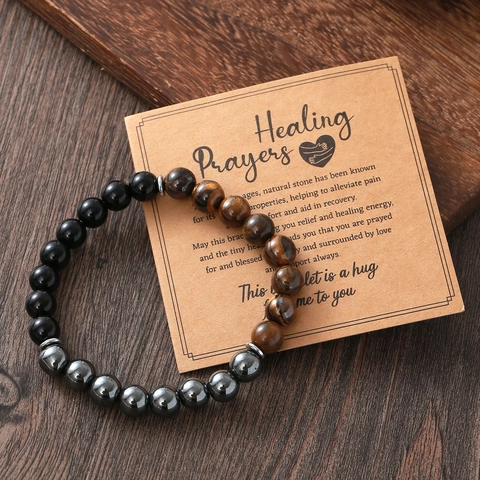 Triple Protection Bracelet For Men Women Healing Energy Natural Stone Tiger Eye Black Obsidian Hematite Beads Elastic Yoga Bracelet Jewelry Gift