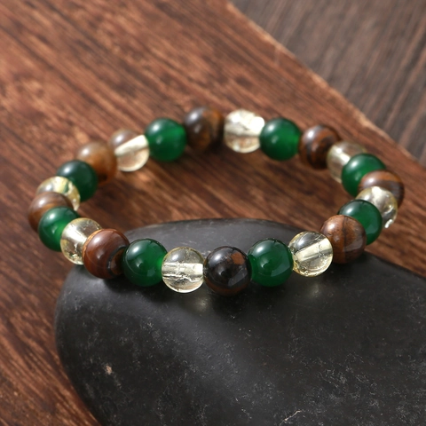 Handmade Natural Yellow Tiger Eye Beaded Bracelet With Green And Burst Glass Beads Elastic Jewelry Gift For Women Men