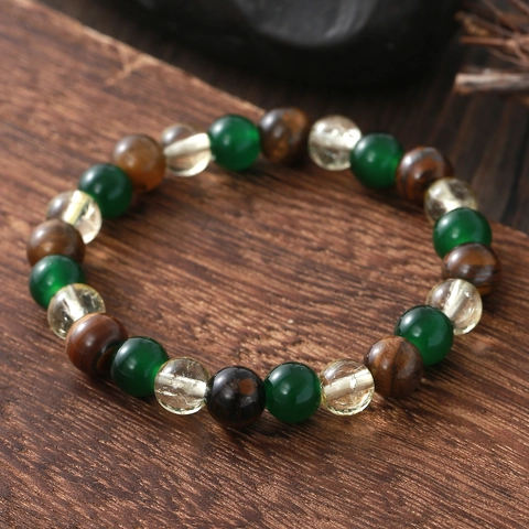 Handmade Natural Yellow Tiger Eye Beaded Bracelet With Green And Burst Glass Beads Elastic Jewelry Gift For Women Men