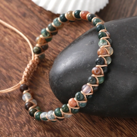 Bohemian Hand Woven Indian Agate Natural Stone Bead Bracelet Double Layer Adjustable Drawstring Bracelet Women Jewelry Gift
