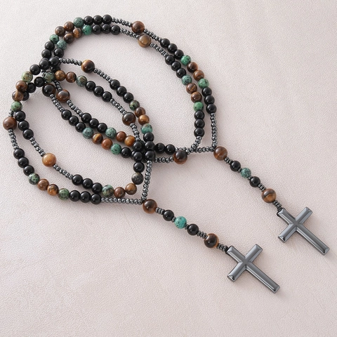 Naturstein Kreuz Anhänger Halskette Tigerauge Schwarz Achat Perlen Lange Kette Religiöser Schmuck Für Damen Und Herren