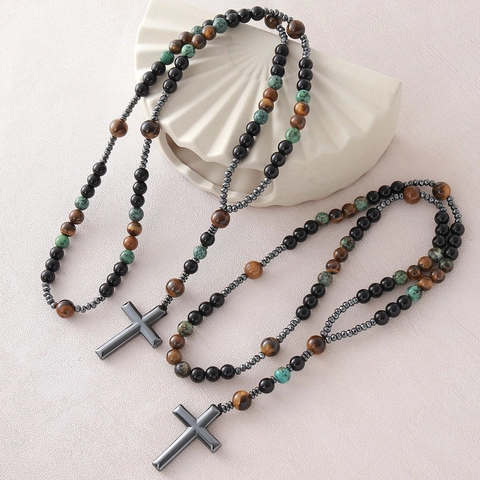 Naturstein Kreuz Anhänger Halskette Tigerauge Schwarz Achat Perlen Lange Kette Religiöser Schmuck Für Damen Und Herren