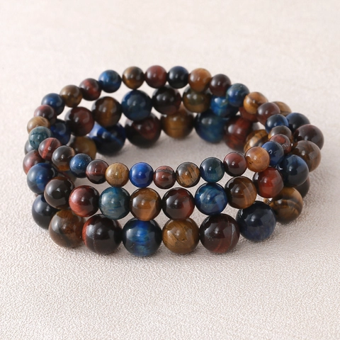 Handmade Natural Tiger Eye Stone Beads Bracelet Yellow Blue Red Multicolor Elastic Stretch Gemstone Round Beads Bracelet For Men Women