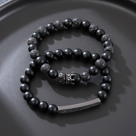 Minimalist Black Lava Stone Obsidian Bead Bracelets For Men Women Crown Zirconia Long Bar Charm Elastic Handmade Jewelry