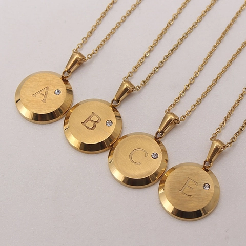Stainless Steel Gold Plated Initial Necklace For Women Round Brushed Letter Pendant Necklace With AAA Zirconia Jewelry