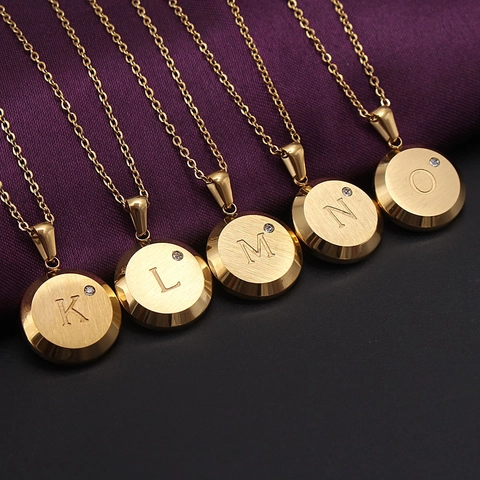 Stainless Steel Gold Plated Initial Necklace For Women Round Brushed Letter Pendant Necklace With AAA Zirconia Jewelry