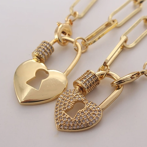 Exquisite AAA Zircon Heart Padlock Pendant Necklace Copper Gold Plated Paperclip Chain Choker For Women Fashion Jewelry