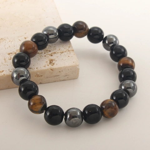Natural Tiger Eye Hematite Black Agate Beaded Bracelet Round Stone Elastic Healing Jewelry For Men Women Couple